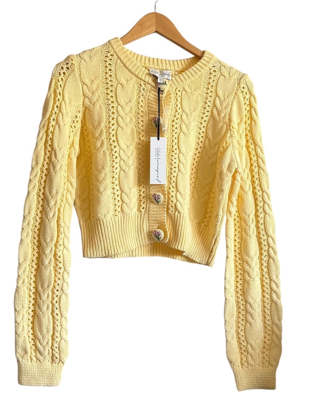 Freshman Women’s Yellow Cropped Knit Cardigan Pink Floral Buttons Long Sleeve M